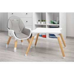Krzesełko do karmienia Caretero TUVA Grey zamienia się z wysokiego krzesełka w stylowy zestaw krzesełko + stolik