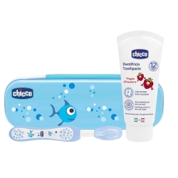 Chicco ZAWSZE Z UŚMIECHEM zestaw szczoteczka i pasta do mycia zębów w ładnym praktycznym etui