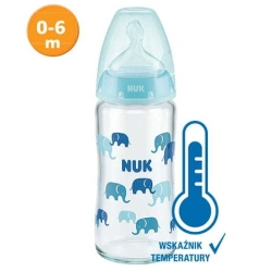 Butelka SZKLANA antykolkowa First Choice+ 240ml smoczek silikonowy 1M 0-6 miesięcy Nuk 745121 ze wskaźnikiem temperatury