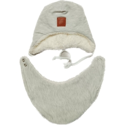 Czapka Barnaba zimowa ocieplana futerkiem BEAR CLUB beżowo-szara czapeczka z uszkami dla dziecka na wzrost 74 cm komplet z chustką pod szyję