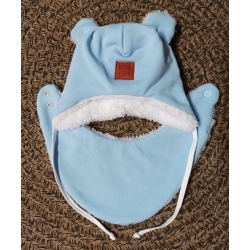 Czapka Barnaba zimowa ocieplana futerkiem BEAR CLUB błękitna czapeczka z uszkami dla dziecka na wzrost 56, 86 cm komplet z chustką pod szyję
