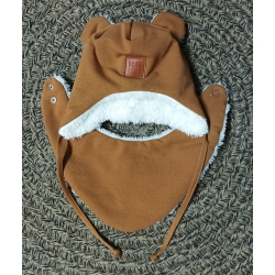 Czapka Barnaba zimowa ocieplana futerkiem BEAR CLUB cynamonowa czapeczka z uszkami dla dziecka na wzrost 74 cm komplet z chustką pod szyję
