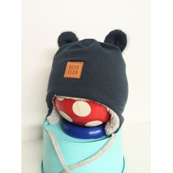 Czapka Barnaba zimowa ocieplana futerkiem BEAR CLUB granatowa czapeczka z uszkami dla dziecka na wzrost 56 cm komplet z chustką pod szyję