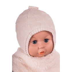 MirMar Czapka zimowa ocieplana GWIAZDECZKI Ecru czapeczka dla dziecka na obwód głowy 36, 38 cm