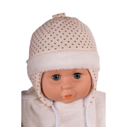 MirMar Czapka zimowa ocieplana MAŁGOSIA ecru w beżowe gwiazdki welurowa czapeczka dla dziecka na obwód głowy 38 cm