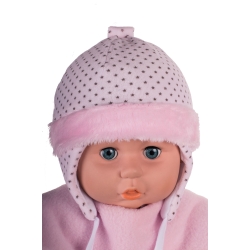MirMar Czapka zimowa ocieplana MAŁGOSIA różowa w beżowe gwiazdki welurowa czapeczka dla dziecka na obwód głowy 38 cm