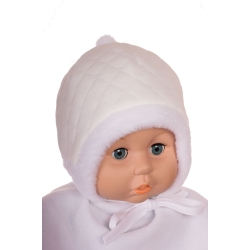 MirMar Czapka zimowa ocieplana TOLA ecru welurowa czapeczka dla dziecka na obwód głowy 38 cm