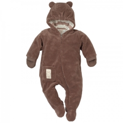 Pinokio pajacyk kombinezonik ocieplany LITTLE BEAR brązowy z kapturem rozmiary 52, 56 cm Organic Cotton