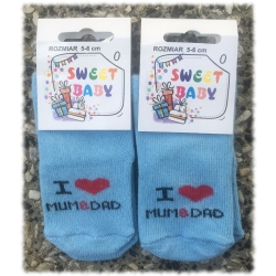 Skarpetki niemowlęce Sweet Baby I LOVE MUM & DAD niebieskie bawełniane skarpety 5-6 cm