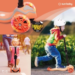 Sun Baby FLASH 3w1 Peach brzoskwiniowy rowerek biegowy, hulajnoga, deskorolka z kółkami LEDowymi